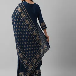 Yufta Women Navy Blue Yoke Design Panelled Thread Work Pure Cotton Kurti with Palazzos & With Dupatta image 3