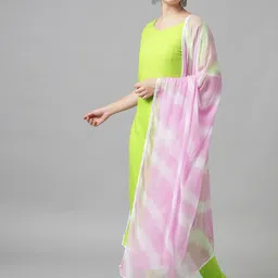 Meeranshi Women Fluorescent Green Solid Pure Cotton Kurta with Churidar & With Dupatta image 3