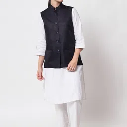 Vastraa Fusion Women Navy Blue Solid Nehru Jacket image 2