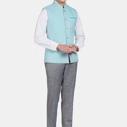 AD By Arvind Men Blue Solid Woven Nehru Jacket image 3