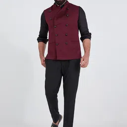 MR BUTTON Men Burgundy Solid Woven Nehru Jacket image 3