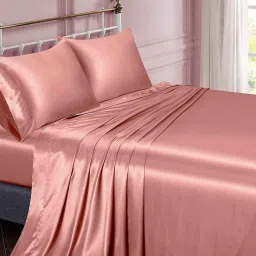 coolbeds Pink Solid 400 TC Satin Queen Fitted Bedsheet with 2 Satin Pillow covers image 3