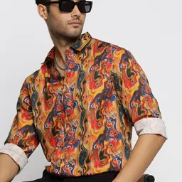 SHOWOFF Men Orange Smart Slim Fit Opaque Printed Casual Shirt-image-38