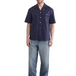 RARE RABBIT Men Comfort Relaxed Fit Cuban Collar Vertical Striped Cotton Casual Shirt image 3