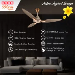 USHA Bloom Daffodil 1250mm 3 Blade Copper Motor Ceiling Fan (Noiseless Operation, Sparkle Golden and Brown) image 4
