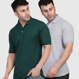 inkkr Pack of 2 Men Solid Polo Neck Polycotton Green, Grey T-Shirt-picture-18