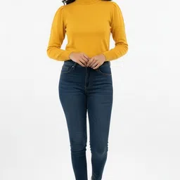 Women Solid High Neck Yellow Sweater-image-16