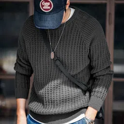 cat bunny Men Solid Round Neck Grey Sweater image 2