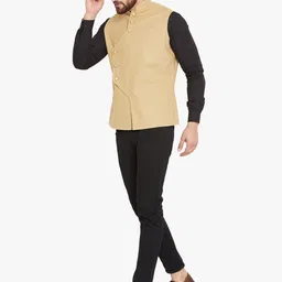 Hypernation Men Khaki-Colored Solid Mandarin Collar Cotton Nehru Jacket image 4