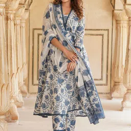 KALINI Floral Printed Square Neck Pure Cotton Anarkali Kurta with Trousers & Dupatta image 2