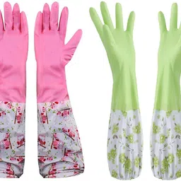 mobfest ® (Combo of 2) Reusable PVC Flock lined Hand Gloves for Kitchen Dishwashing during Winters, Free Size, Elbow Length, Wet and Dry Glove Set-picture-17