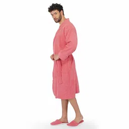 Coral Solid 100% Cotton Unisex Bathrobe With Slippers (XL) By Rangoli image 2