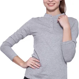 ap'pulse Women Solid Mandarin Collar Pure Cotton Grey T-Shirt-picture-10
