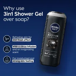 nivea men Active Clean Body Wash for Body, Face & Hair, Active Charcoal Cleanser for Men image 5