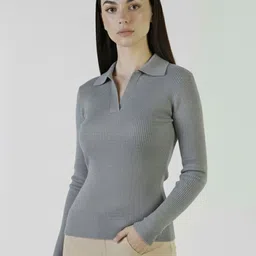 plus size Women Solid Polo Neck Polyester Grey T-Shirt-picture-40
