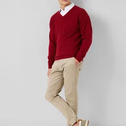 park avenue Men Self Design V Neck Red Sweater image 4