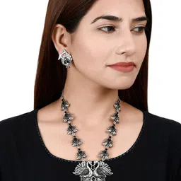 Silvermerc Designs Oxidised Silver-Plated & Stone-Studded Peacock Jewellery Set image 3