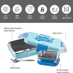 milton Snap Lock Insulated Tiffin Box,800 ml,with Inner Container,175 ml and Spoon,Blue 1 Containers Lunch Box image 3