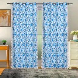 cortina White Cotton Floral 7Ft Light Filtering Eyelet (Set Of 2) Door Curtains image 1