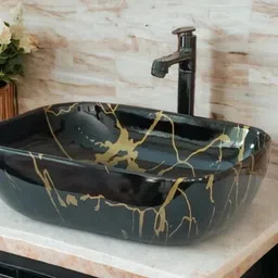 mozato very stylish black & gold designer ceramic wash basin / (46*32.5*14) cm (super glossy finish) premium designer wash basin / Table Top Basin image 3