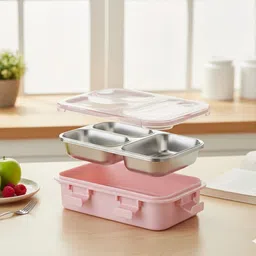 vrjk Steel Lunch Box, Insulated Tiffin Box for School & Kids With Spoon & Fork A53 3 Containers Lunch Box image 5