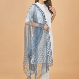 nakoda creation Net Self Design Grey Women Dupatta image 5