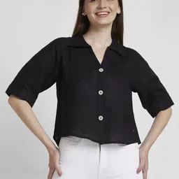 Women Slim Fit Solid Spread Collar Casual Shirt-image-0