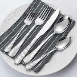 kitchantique Sterling Silver Silverware Set | 20-Pcs Flatware With Unique Checks Print Handle Stainless Steel Cutlery Set image 4