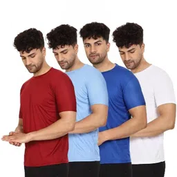 misty collection Pack of 4 Men Solid Round Neck Polyester Maroon, Light Blue, White, Blue T-Shirt-picture-42