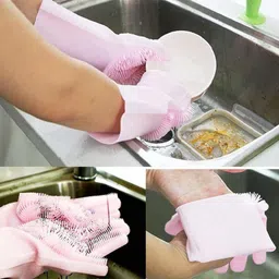 avishkha Magic Silicone Gloves for Kitchen, Dishwashing and Pet Grooming (Pink, 1 Pair) Wet and Dry Glove image 4