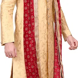 Diamond Style Traditional Groom Sherwani Golden with Dupatta Pajama Mala Embroidered Sherwani image 4