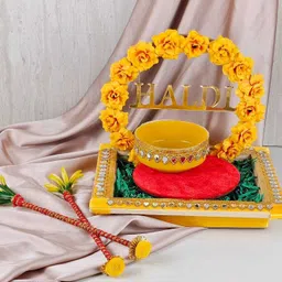 satyam kraft 1 pc Handcrafted Haldi Platter Holder Round haldi thali-Ideal for shaadi Decor Wood Decorative Platter image 2