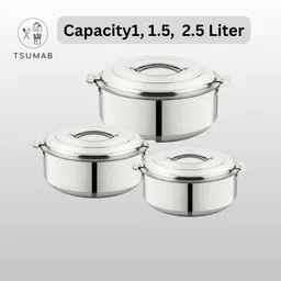 tsumab 3 Pc Steel Casserole Set (1000,1500,2500ml) Insulated Hotpot – Silver Pack of 3 Cook and Serve Casserole image 2