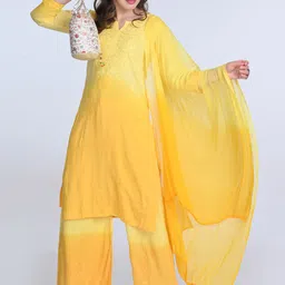 KHAKA Floral Embroidered Regular Chikankari Straight Kurta with Palazzos & Dupatta image 2