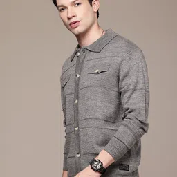 wrogn Men Self Design Peter Pan Collar Grey Sweater image 3