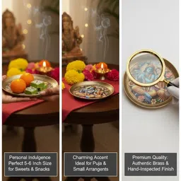 elitekitch Floral Radha-Krishna Full_6 Inch Engraved Brass Pooja Plate | Heavy Duty Aasan Dinner Plate image 5