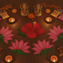 rangolij pink lotus and hibiscus Redy-made Rangoli Rangoli Stencil image 4