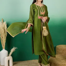 Sangria Olive Green Floral Embroidered Notch Neck Straight Kurta With Trouser & Dupatta image 3