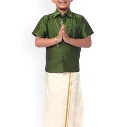 Thala-thalapathy Boys Green& White Solid Shirt and Veshti With Gift Set-image-90