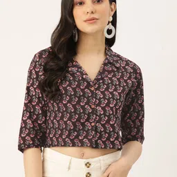 FERANOID Floral Print Shirt Style Pure Cotton Crop Top-image-91