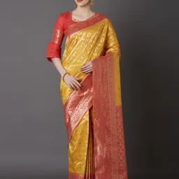 Mitera Yellow & Red Silk Blend Woven Design Kanjeevaram Saree-picture-11