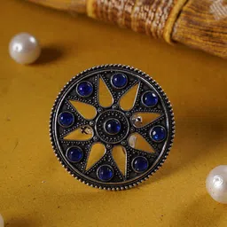 Shoshaa Women Silver-Plated Blue Stone-Studded Oxidised Finger Ring-picture-13