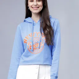 Tokyo Talkies Women Blue Printed Hooded Crop Sweatshirt-image-55