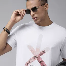 Roadster Men White Brand Logo Printed Pure Cotton T-shirt image 1