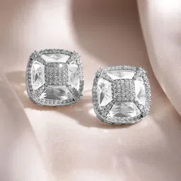 Rubans Rhodium-Plated White Cubic Zirconia Studded Geometric Stud Earrings image 1