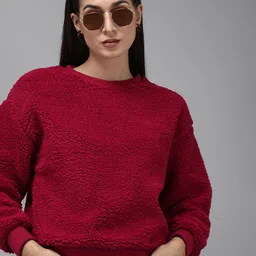 The Roadster Life Co. Women Maroon Solid Fur Sweatshirt-image-30