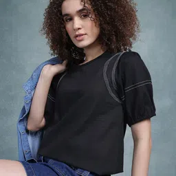 The Roadster Life Co. Contrast Stitch Puff Sleeve Cotton Top-picture-16