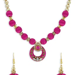 AKSHARA Girls Magenta & Gold-Toned Kundan Studded Handcrafted Beaded Jewellery Set-image-87