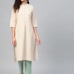W Women Beige & Golden Self-Striped Straight Kurta-picture-25