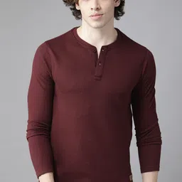 Roadster Men Maroon Self-Design Henley Neck T-shirt-picture-45